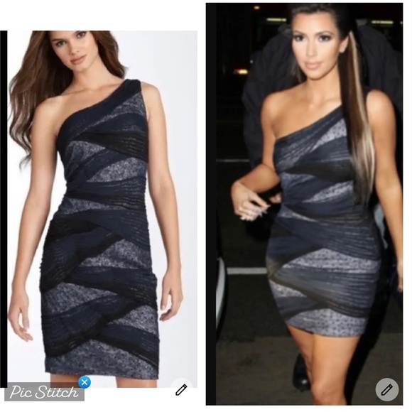 Tadashi Shoji Navy/Black Mesh Sequin One Shoulder Dress - Picture 1 of 12